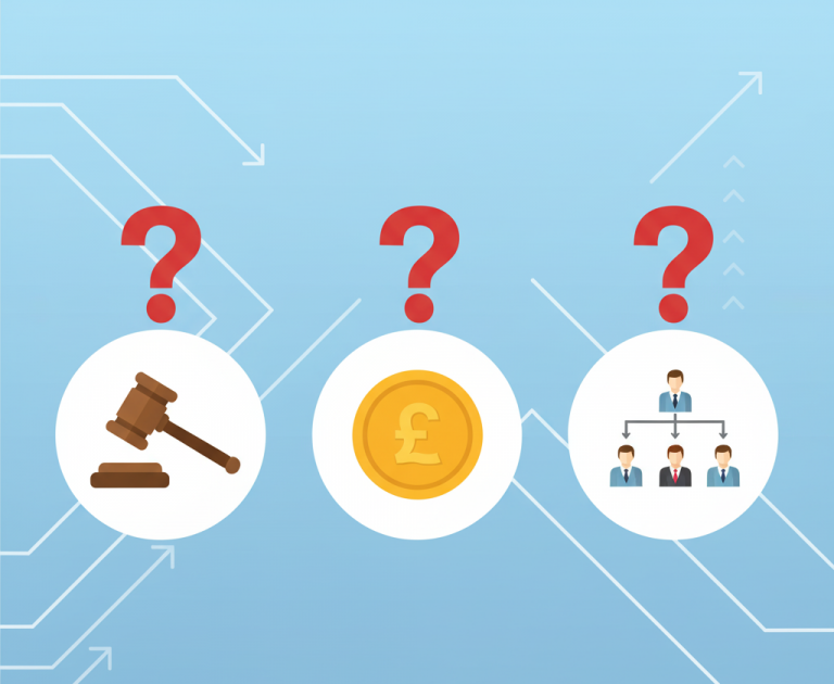 A gavel, a pound coin, and a family business succession chart with a question mark over it.