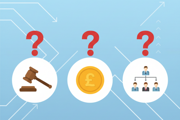 A gavel, a pound coin, and a family business succession chart with a question mark over it.